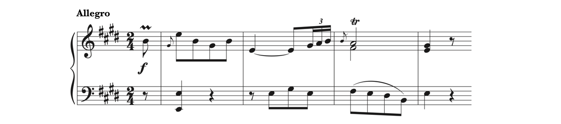 Ornaments in Martinez's Piano Sonata in E Major, first movement - Allegro. There is a mordent, appoggiaturas, and a trill.