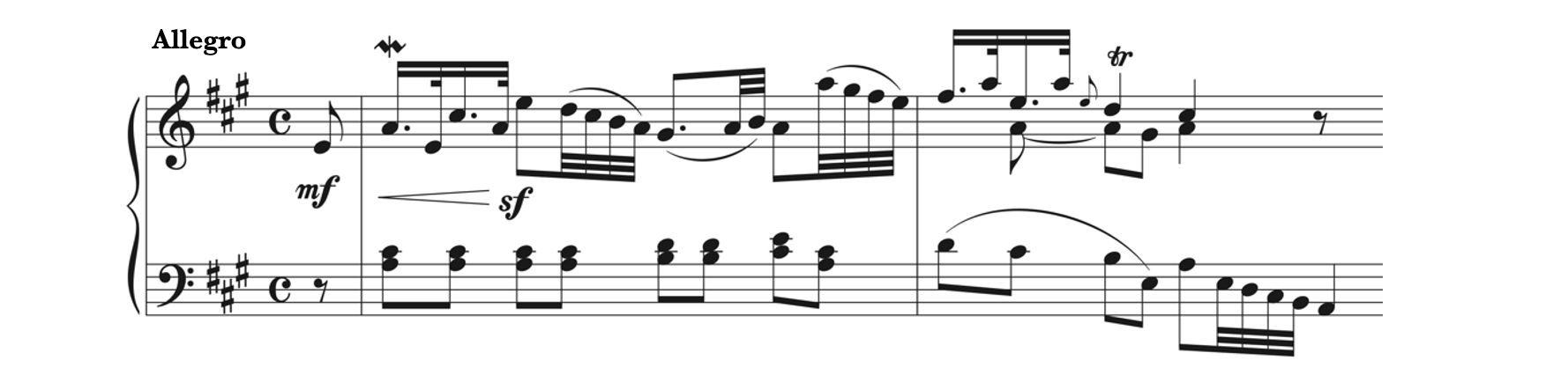 Examples of ornaments from Martinez's Piano Sonata in A Major, first movement - Allegro. This example contains a mordent, an appoggiatura, and a trill.