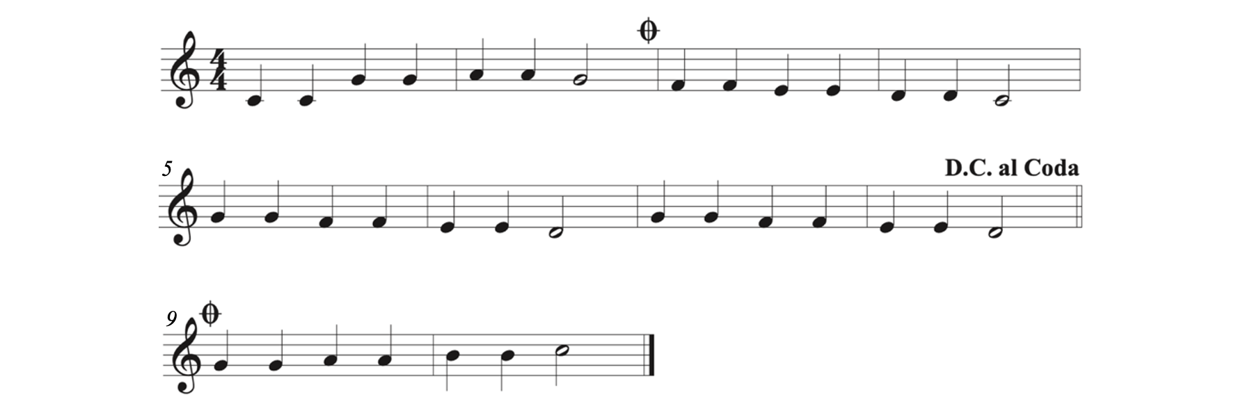 Twinkle Twinkle Little Star with D.C. al Coda at the end of measure 8. The coda sign is at the end of measure 2. The second coda sign is at the start of measure 9.