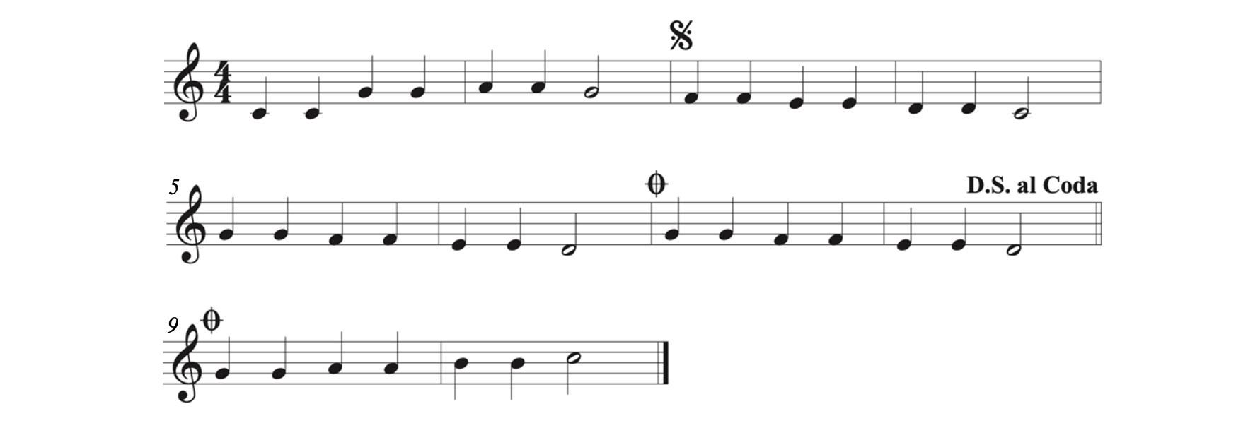 Twinkle Twinkle Little Star with D.S. al Coda at the end of measure 8. The sey-nyo symbol is at the start of measure 3. The first coda symbol is at the end of measure 6. The second coda symbol is at the start of measure 9.