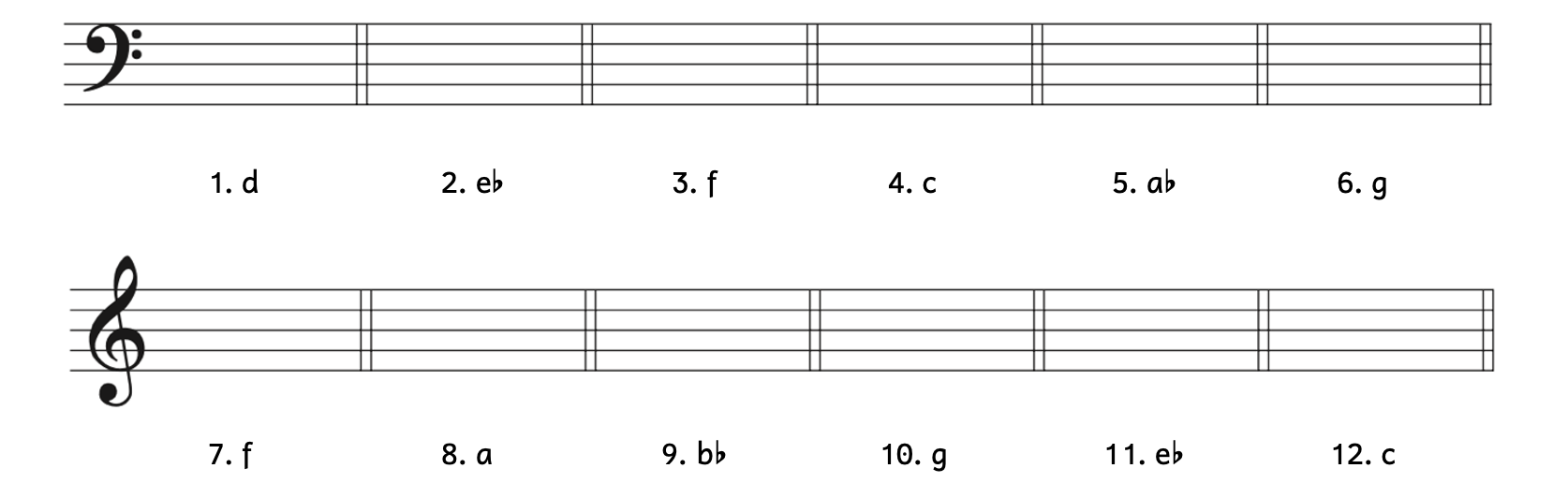 Number 1 through 6 are in bass clef. Number 1, D minor. Number 2, E-flat minor. Number 3, F minor. Number 4, C minor. Number 5, A-flat minor. Number 6, G minor. Numbers 7 through 12 are in treble clef. Number 7, F minor. Number 8, A minor. Number 9, B-flat minor. Number 10, G minor. Number 11, E-flat minor. Number 12, C minor.