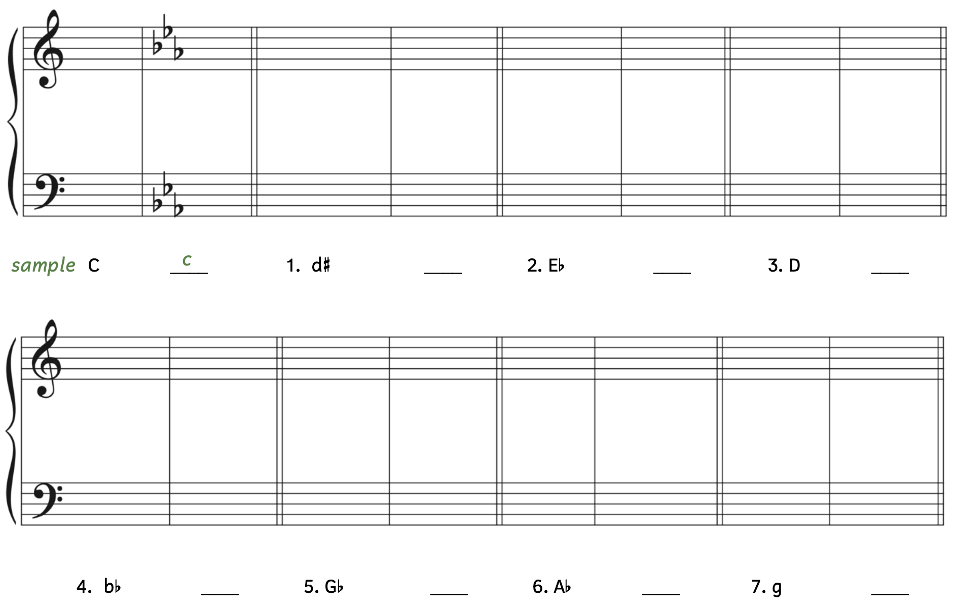 Number 1, write the parallel major of D-sharp minor, then both key signatures if they exist. Number 2, write the parallel minor of E-flat major, then both key signatures if they exist. Number 3, write the parallel minor of D major, then both key signatures if they exist. Number 4, write the parallel major of B-flat minor, then both key signatures if they exist. Number 5, write the parallel minor of G-flat major, then both key signatures if they exist. Number 6, write the parallel minor of A-flat major, then both key signatures if they exist. Number 7, write the parallel major of G minor, then both key signatures if they exist.