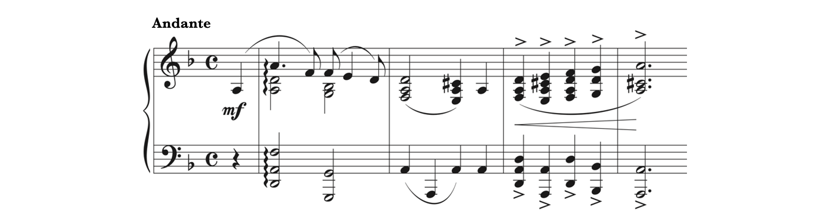 The given example is the first four bars of Vespermann's Bunte Reihen, opus 6, first movement, Charakterstück (for piano).