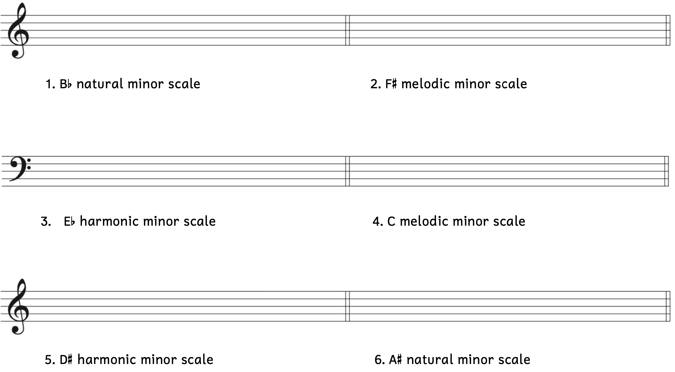 Number 1, B-flat natural minor scale in treble clef. Number 2, F-sharp melodic minor scale in treble clef. Number 3, E-flat harmonic minor scale in bass clef. Number 4, C melodic minor scale in bass clef. Number 5, D-sharp harmonic minor scale in treble clef. Number 6, A-sharp natural minor scale in treble clef.