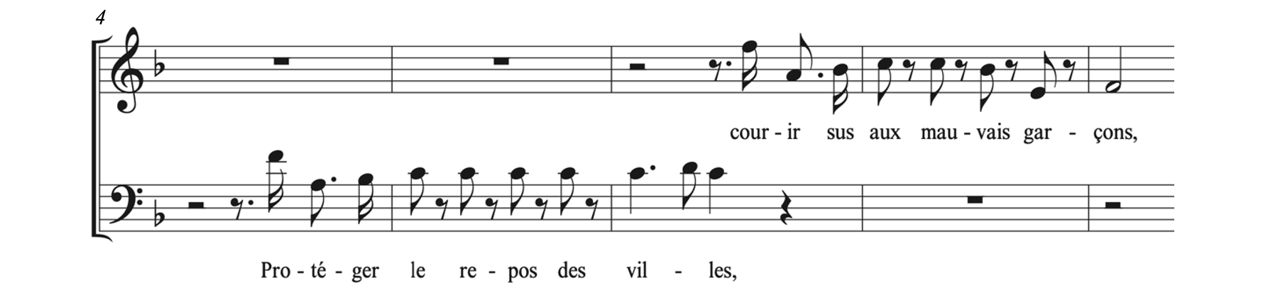 From Offenbach's Geneviève de Brabant, Act II, Couplets des hommes d’armes: The baritone part for 3 bars then the tenor part for 3 bars.
