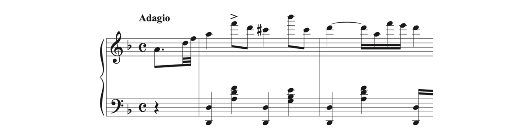 The first two bars of Variation 3 from Blahetka's Variations brillantes sur un thême hongrois, Op. 18, for piano.