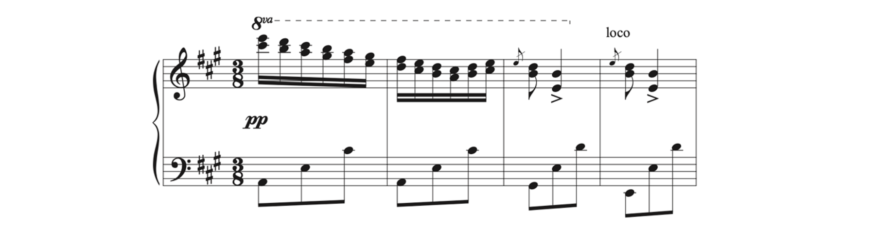 The first four bars of the Coda from Blahetka's Variations brillantes sur un thême hongrois, Op. 18 for piano.