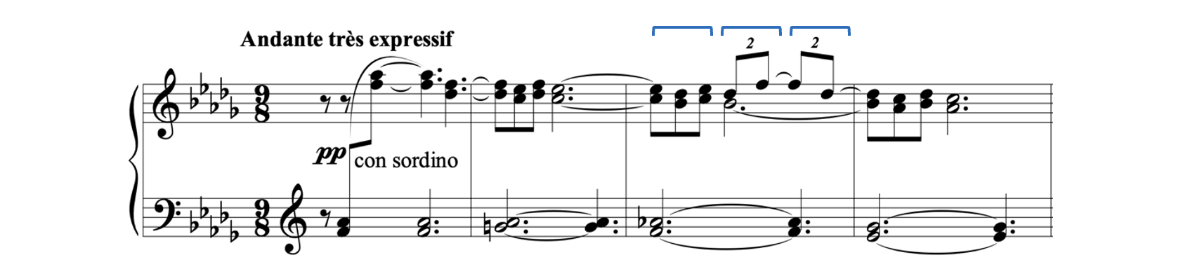 Duplets shows in score of Debussy, Suite bergamasque, "Clair de Lune"
