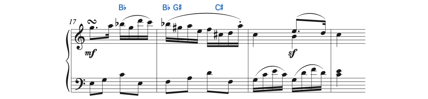 There are a number of accidentals, including B-flat, G-sharp and C-sharp.