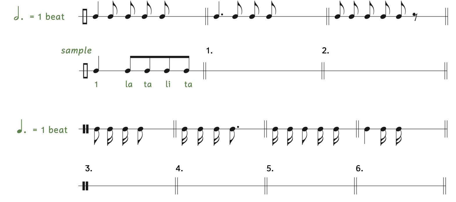 Exercise to write the correct beaming. For number 1 and 2, a dotted half note equals one beat. The sample shows a quarter note followed by four eighth notes. The sample's answer shows the quarter note written by itself then the four eighth notes beamed together. There is a little more space between the quarter note and the first eighth note. The rhythm syllables 1, lah, tah, lee, tah, are written below the notes. Number 1 shows a dotted quarter note and three eighth notes. Number 2 shows 5 eighth notes and an eighth rest. For numbers 3 through 6, a dotted quarter note equals one beat. Number 3 shows an eighth note, two sixteenth notes, and an eighth note. Number 4 shows 3 sixteenth notes and a dotted eighth note. Number 5 shows two sixteenth notes, an eighth note, and two sixteenth notes. Example 6 shows 1 quarter note and two sixteenth notes.