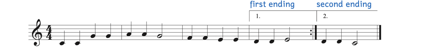 Twinkle Twinkle Little Star has a first-ending repeat sign at measure 4 and then a second ending.