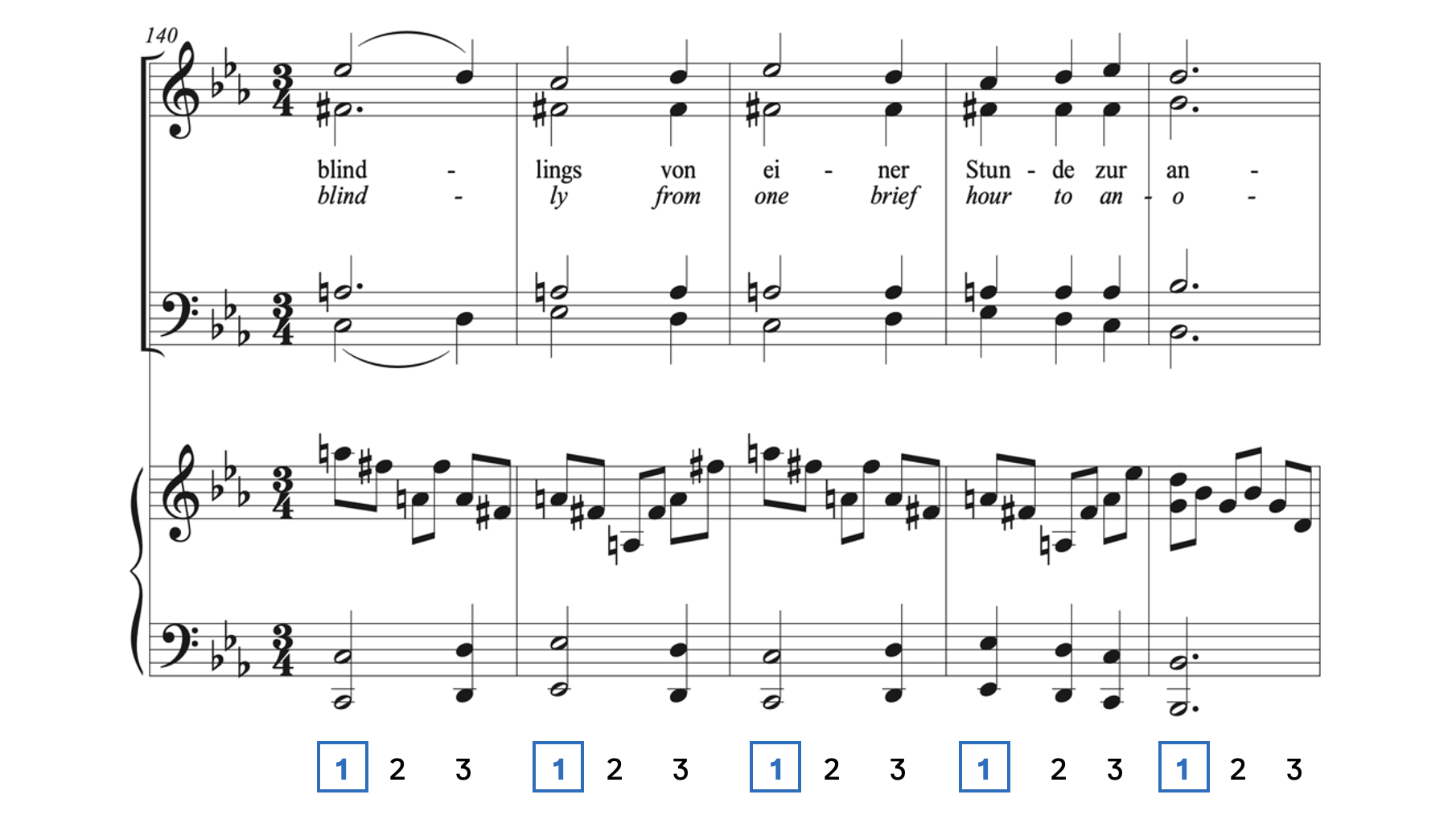 Part 1 of Brahms's Schicksalslied, where the triple meter is clearly established.