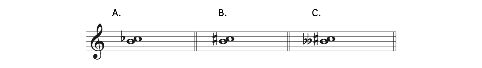 Three examples of seconds, although their accidentals are always different. A shows B and C-flat; B shows B and C-sharp; C shows B-double-flat and C-sharp.