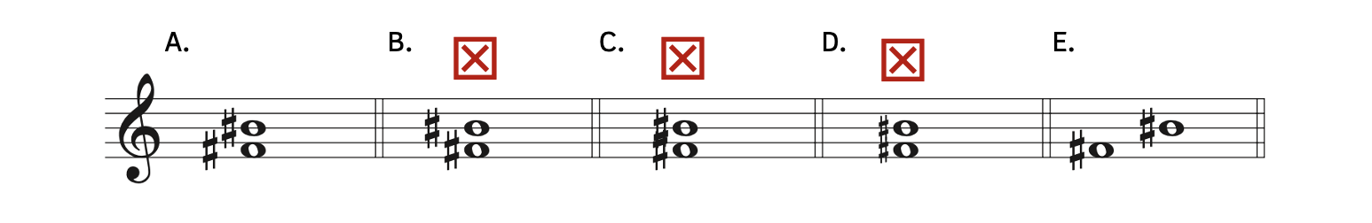 Example A shows the correct way to write accidentals where the higher note's accidental is closer and the lower note's accidental is farther away. Examples B, C, and D are incorrectly written. Example E shows a melodic interval.