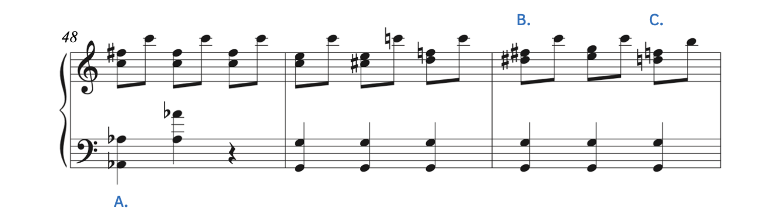 Placement of accidentals are shown in real music in Wieck Schumann's Caprice, Op. 2, No. 6
