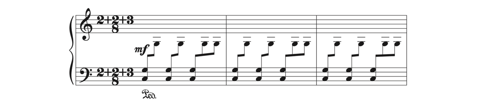 The composite meter of 2 plus 2 plus 3 over 8 in Bartok's Second Dance in Bulgarian Rhythm.