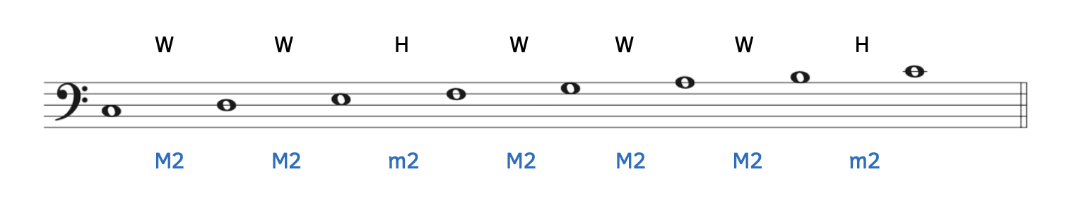 The steps in a major scale are whole whole half, whole whole whole half. Whole steps are major seconds and half steps are minor seconds.
