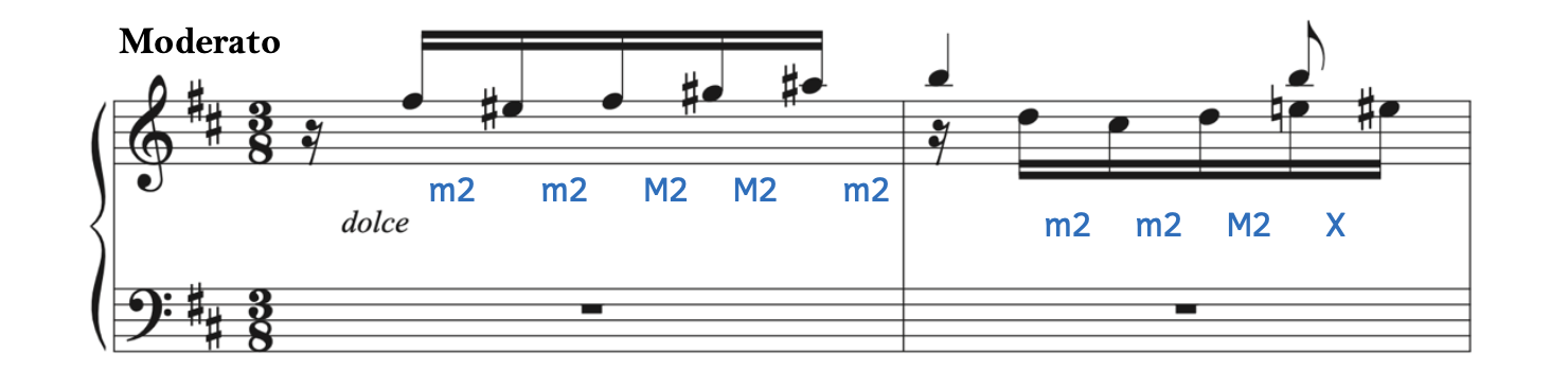 There are a number of minor seconds and major seconds in Farrenc's Impromptu pour Piano. The last interval is not a second, as the notes are E and E-sharp.