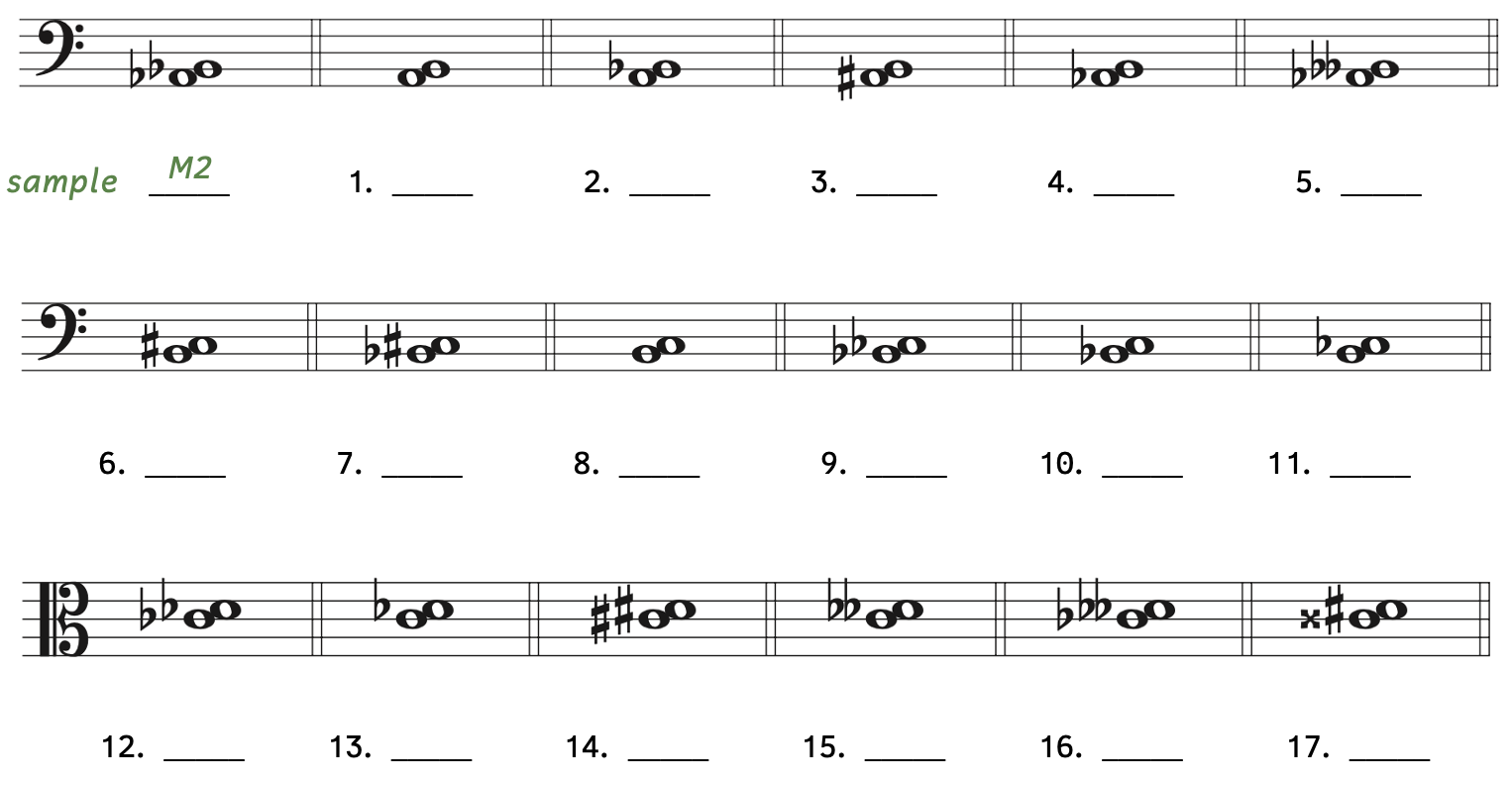 Number 1, A to B. Number 2, A to B-flat. Number 3, A-sharp to B. Number 4, A-flat to B. Number 5, A-flat to B-double flat. Number 6, B to C-sharp. Number 7, B-flat to C-sharp. Number 8, B to C. Number 9, B-flat to C-flat. Number 10, B-flat to C. Number 11, B to C-flat. Number 12, C-flat to D-flat. Number 13, C to D-flat. Number 14, C-sharp to D-sharp. Number 15, C to D-double flat. Number 16, D-flat to D-double flat. Number 17, C-double sharp to D-sharp.