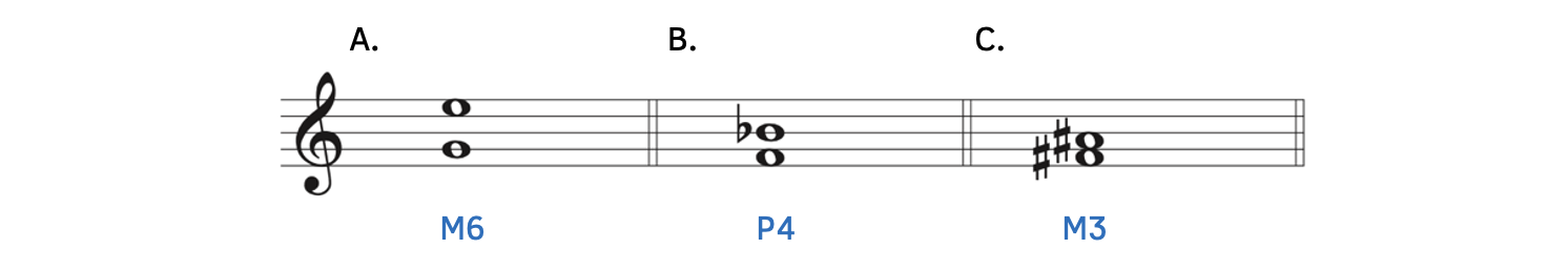 The answers are given. Example A is a major sixth. Example B is a perfect fourth. Example C is a major third.