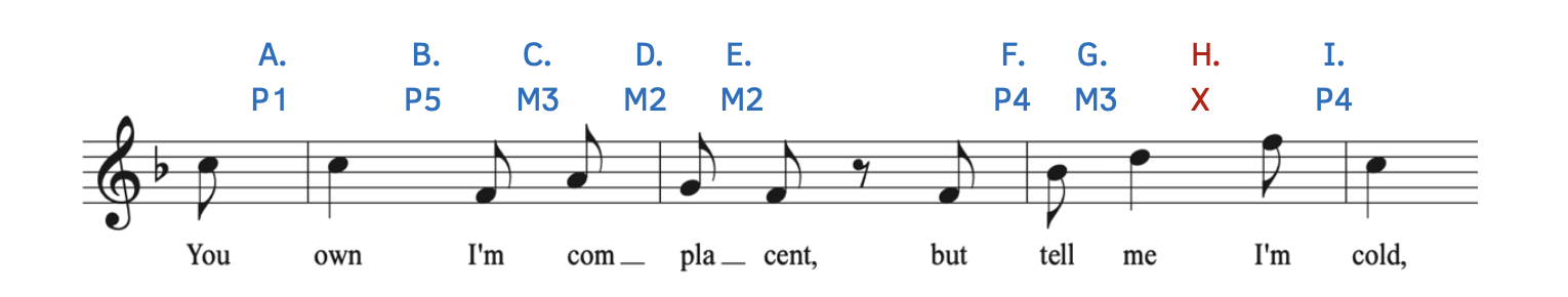 Intervals are shown between notes in Abrams, "A Smile and a Tear". Specific intervals are given in the text below.