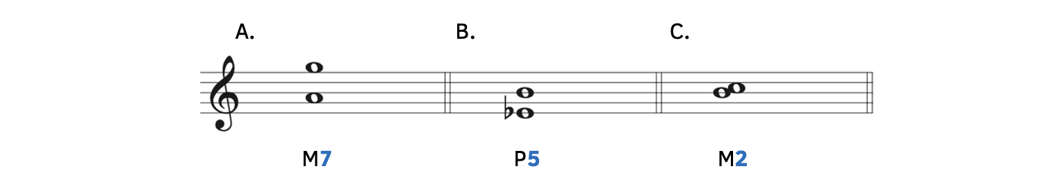 Example A shows that a generic seventh above A is G. Example B shows that a generic fifth above E-flat is B. Example C shows that a generic second above B is C.