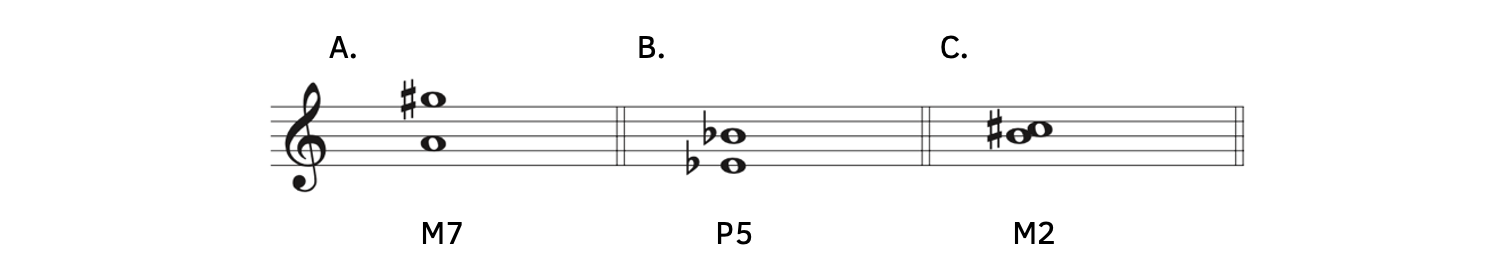 Example A shows that G-sharp is a major seventh above A. Example B shows that B-flat is a perfect fifth above E-flat. Example C shows that C-sharp is a major second above B.