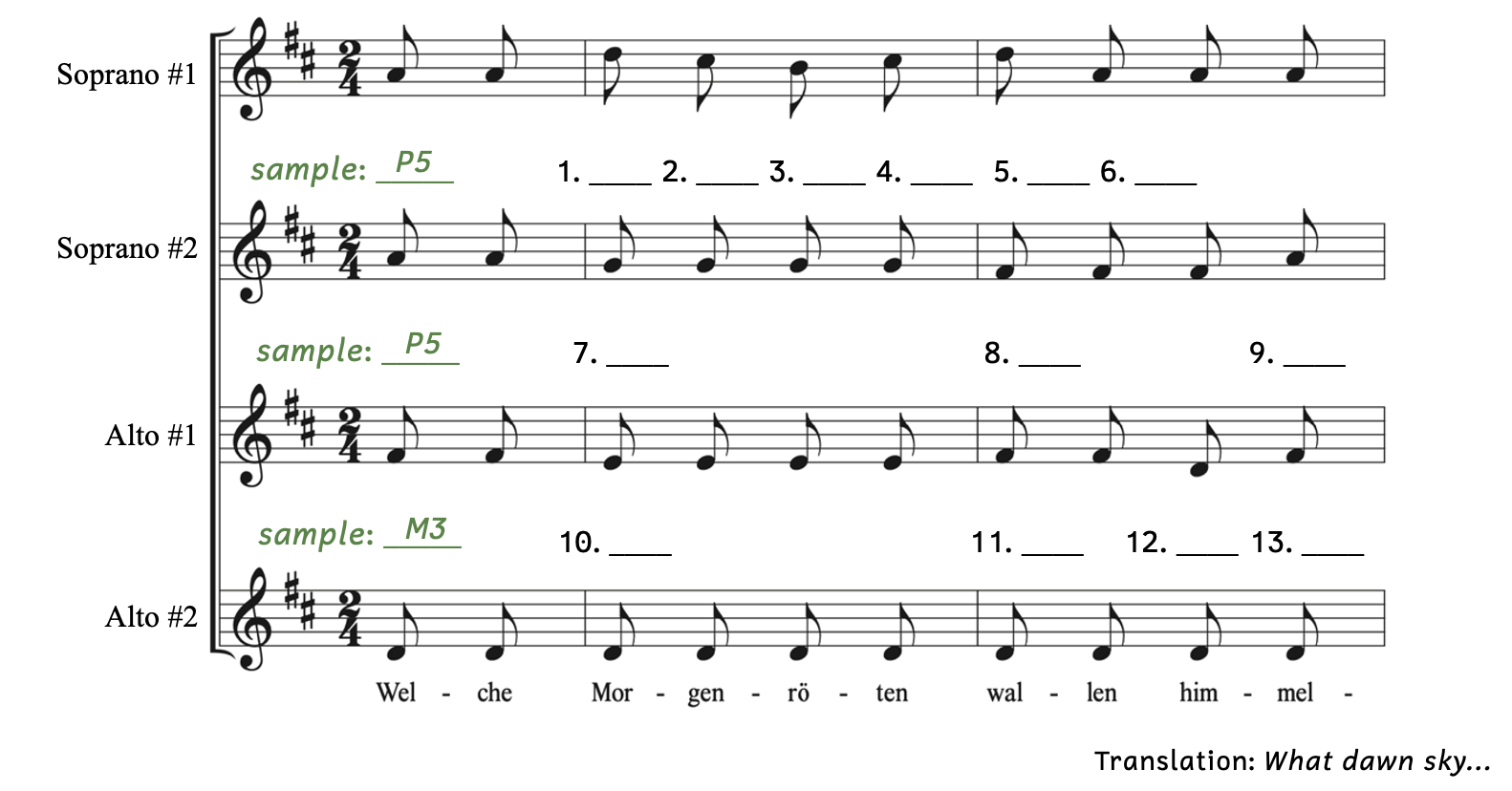 Number 1, D up to D. Number 2, D up to C-sharp. Number 3, D up to B. Number 4, D up to C-sharp. Number 5, D up to D. Number 6, D up to A. Number 7, D up to G. Number 8, D up to F-sharp. Number 9, D up to A. Number 10, D up to E. Number 11, D up to F-sharp. Number 11, D to D. Number 13, D up to F-sharp.