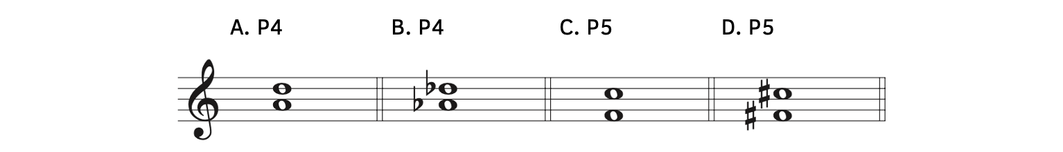 Example A, A to D is a perfect fourth. Example B, A-flat to D-flat is a perfect fourth. Example C, F to C is a perfect fifth. Example D, F-sharp to C-sharp is a perfect fifth.