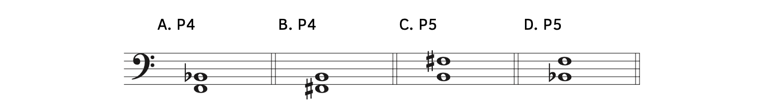 Example A, F to B-flat is a perfect fourth. Example B, F-sharp to B is a perfect fourth. Example C, B to F-sharp is a perfect fifth. Example D, B-flat to F is a perfect fifth.