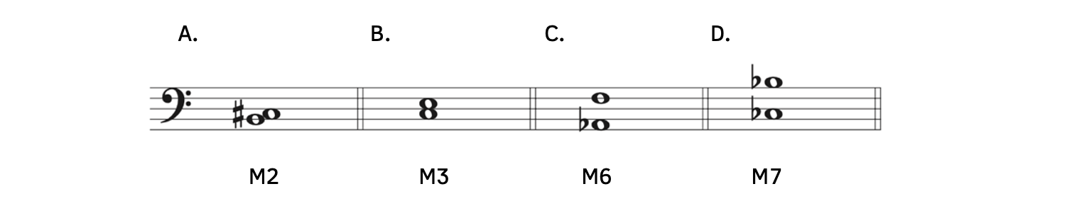 Example A, B to C-sharp is a major second. Example B, C to E is a major third. Example C, A-flat to F is a major sixth. Example D, C-flat to B-flat is a major seventh.