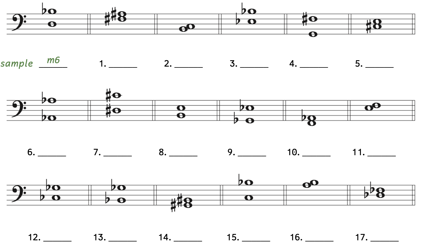 Number 1, F-sharp to A-sharp. Number 2, B to C. Number 3, E-flat to B-flat. Number 4, G to F-sharp. Number 5, C-sharp to E. Number 6, A-flat up to A-flat. Number 7, D-sharp up to C-sharp. Number 8, B up to E. Number 9, G-flat up to E-flat. Number 10, F up to A-flat. Number 11, E up to F. Number 12, C-flat up to G-flat. Number 13, B-flat up to G-flat. Number 14, G-sharp up to B-sharp. Number 15, C up to B-flat. Number 16, A up to B. Number 17, D-flat up to F-flat.