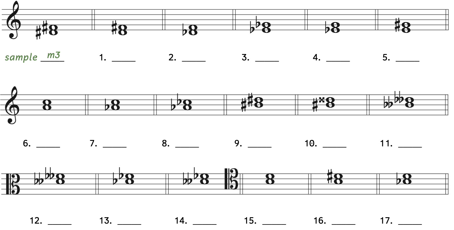 Number 1, D up to F-sharp. Number 2, D-flat up to F. Number 3, E-flat up to G-flat. Number 4, E-flat up to G. Number 5, E up to G-sharp. Number 6, A up to C. Number 7, A-flat up to C. Number 8, A-flat up to C-flat. Number 9,, B-sharp up to D-sharp. Number 10, B-sharp up to D-double flat. Number 11, B-double flat up to D-double flat. Number 12, D-double flat up to F-double flat. Number 13, D-flat up to F-flat. Number 14, D-double flat up to F-flat. Number 15, B up to D. Number 16, B up to D-sharp. Number 17, B-flat up to D.