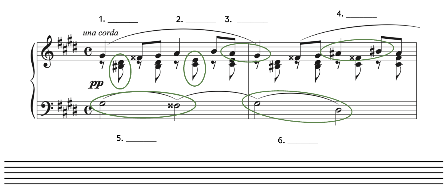 Number 1, B-sharp up to D-sharp are circled. Number 2, C-sharp up to E are circled. Number 3, A down to G-sharp are circled. Number 4, A-sharp up to B-sharp are circled. Number 5, G-sharp down to F-double sharp are circled. Number 6, G-sharp down to D-sharp are circled.