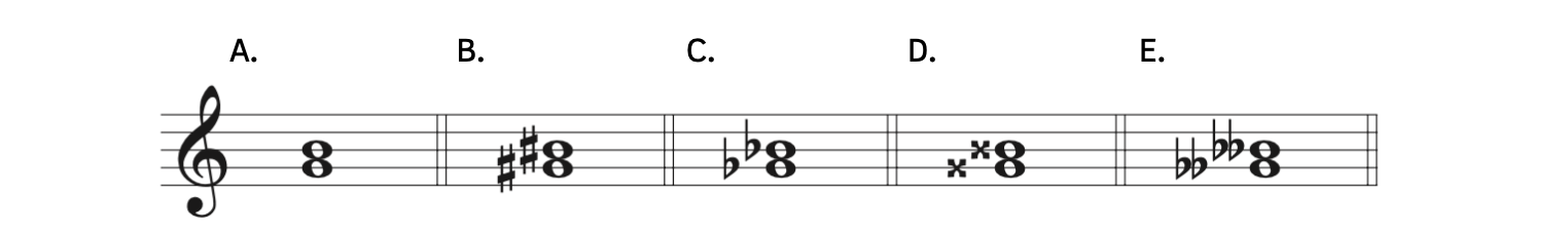 Example A, G to B is a major third. Example B, G-sharp to B-sharp is a major third. Example C, G-flat to B-flat is a major third. Example D, G-double sharp to B-double sharp is a major third. Example E, G-double flat to B-double flat is a major third.