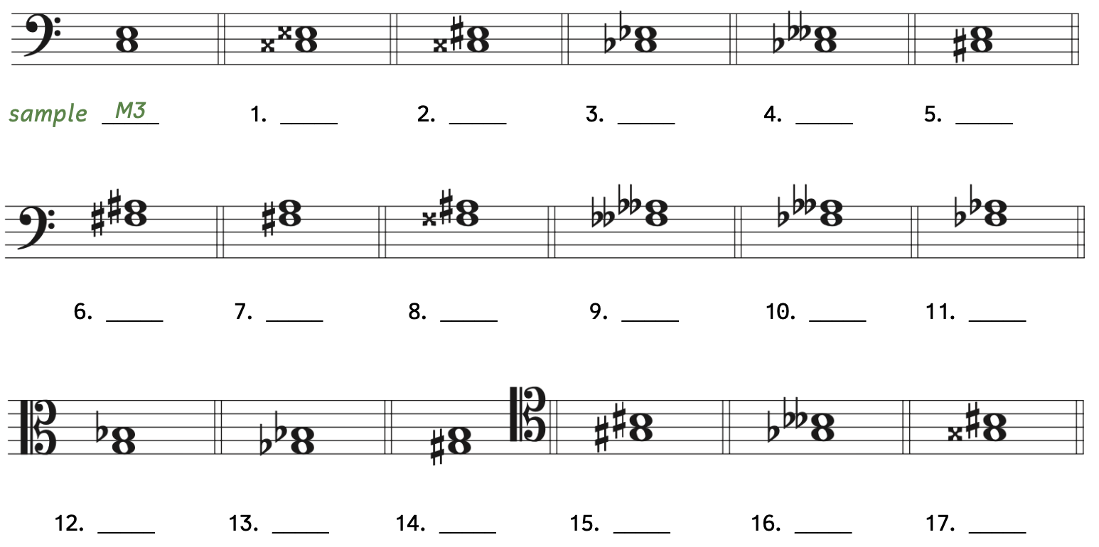 Number 1, C-double sharp to E-double sharp. Number 2, C-double sharp to E-sharp. Number 3, C-flat to E-flat. Number 4, C-flat to E-double flat. Number 5, C-sharp to E. Number 6, F-sharp to A-sharp. Number 7, F-sharp to A. Number 8, F-double sharp to A-sharp. Number 9, F-double flat to A-double flat. Number 10, F-flat to A-double flat. Number 11, F-flat to A-flat. Number 12, G to B-flat. Number 13, G-flat to B-flat. Number 14, G-sharp to B. Number 15, G-sharp to B-sharp. Number 16, G-flat to B-double flat. Number 17, G-double sharp to B sharp.