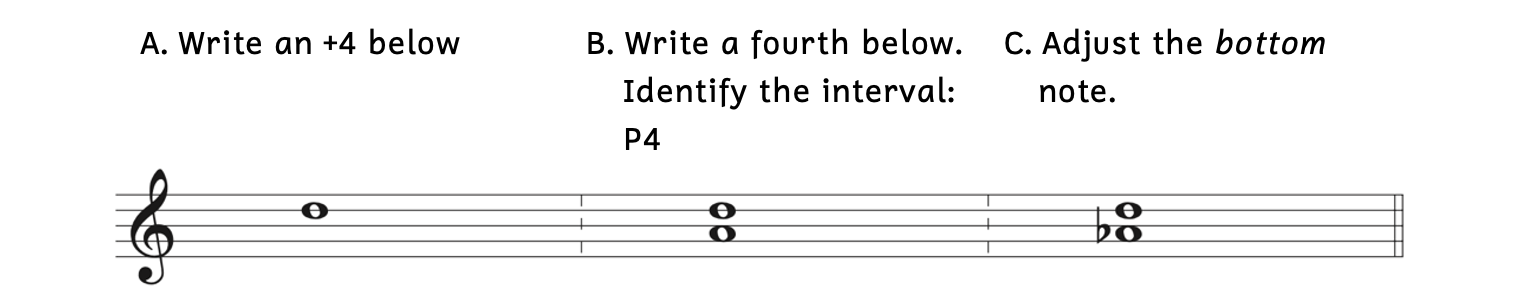 Example A asks to write an augmented fourth below D. Example B shows a fourth below D, which is A. The interval is a perfect fourth. Example C shows to lower the bottom note A to A-flat in order to make an augmented fourth.