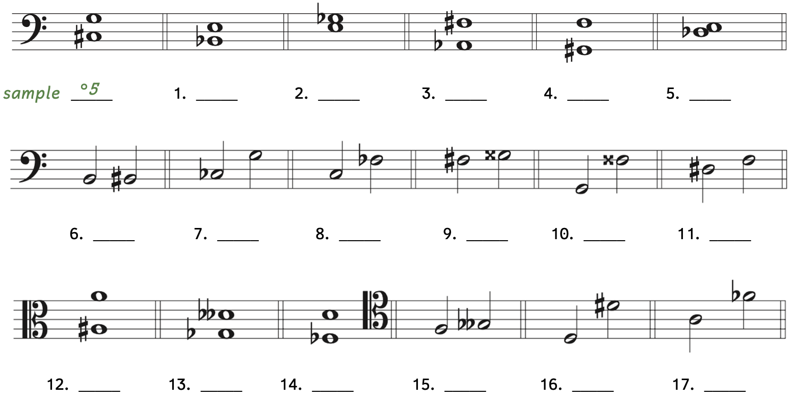 Number 1, B-flat to E. Number 2, E to G-flat. Number 3, A-flat to F-sharp. Number 4, G-sharp to F. Number 5, D-flat to E. Number 6, B to B-sharp. Number 7, C-flat to G. Number 8, C to F-flat. Number 9, F-sharp to G-double sharp. Number 10, G to F-double sharp. Number 11, D-sharp to F. Number 12, A-sharp to A. Number 13, G-flat to D-double flat. Number 14, F-flat to D. Number 15, F to G-double flat. Number 16, D to D-sharp. Number 17, A to F-flat.