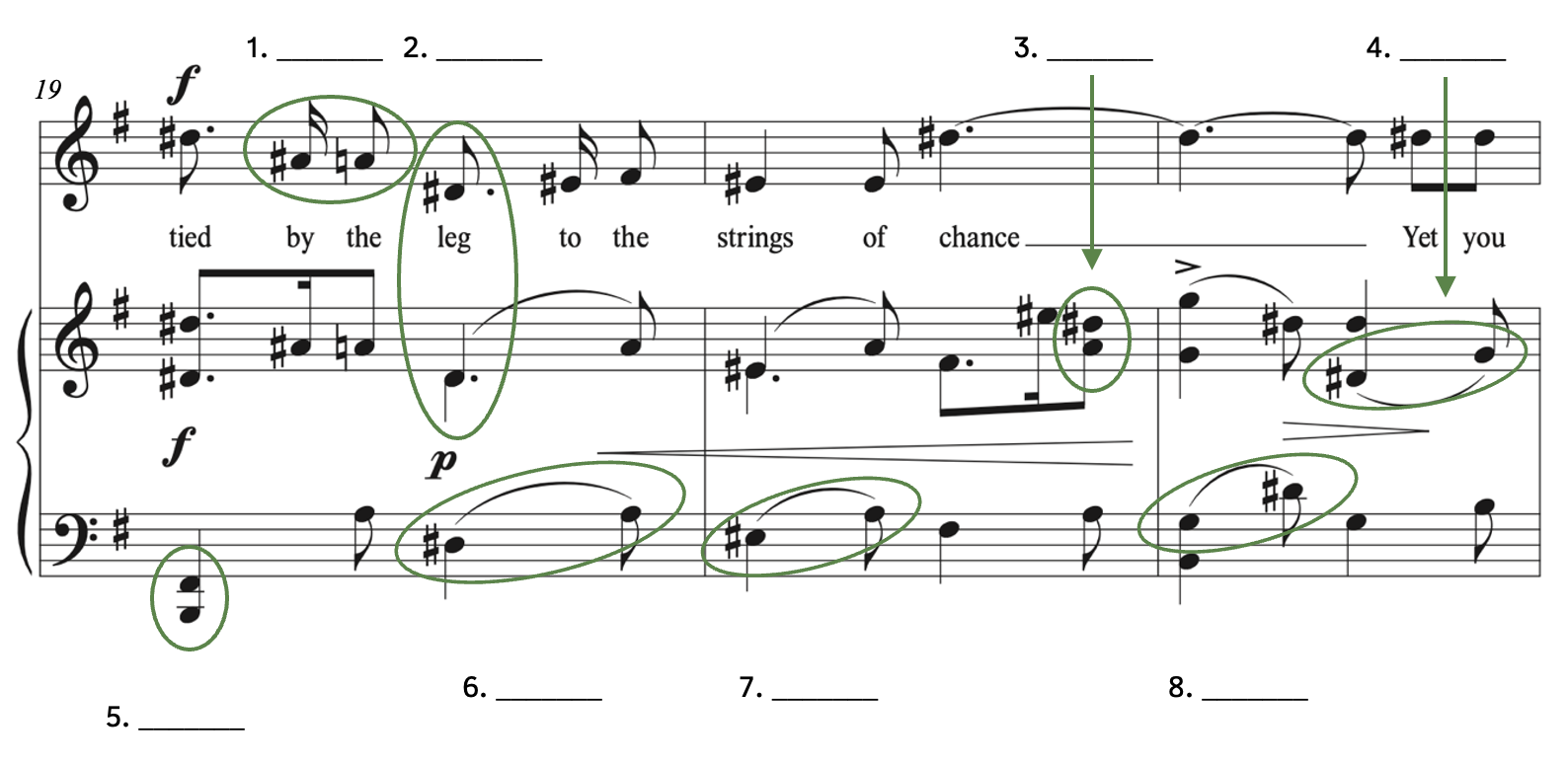 Number 1, A-sharp down to A. Number 2, D# to the same D#. Number 3, A to D-sharp. Number 4, D-sharp to G. Number 5, B to F-sharp. Number 6, D-sharp up to A. Number 7, E-sharp up to E. Number 8, G up to D-sharp.