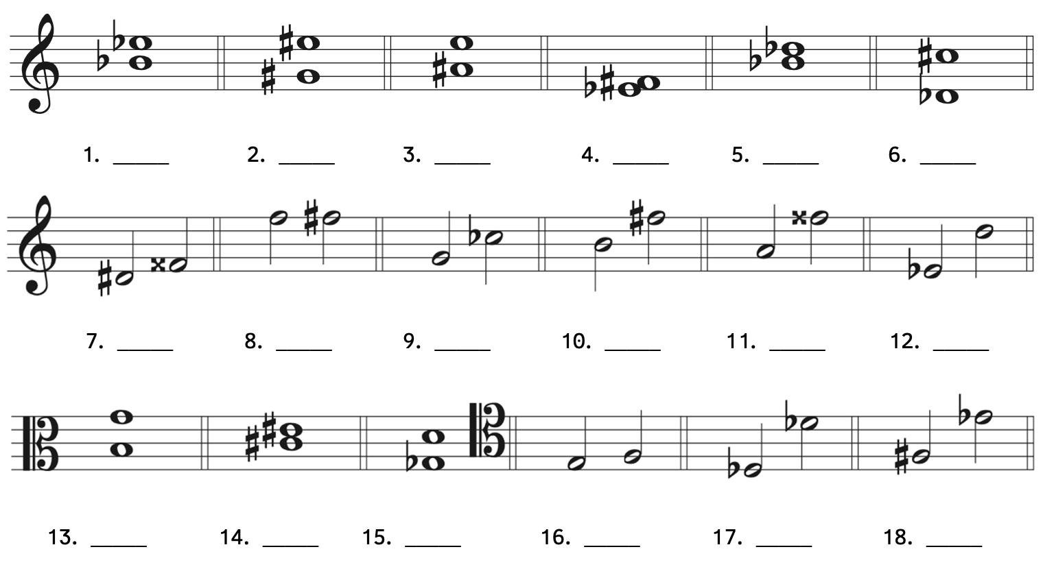 Number 1, B-flat to E-flat. Number 2, G-sharp to E-sharp. Number 3, A-sharp to E. Number 4, E-flat to F-sharp. Number 5, B-flat to D-flat. Number 6, D-flat to C-sharp. Number 7, D-sharp to F-double sharp. Number 8, F to F-sharp. Number 9, G to C-flat. Number 10, B to F-sharp. Number 11, A to F-double sharp. Number 12, E-flat to D. Number 13, B to G. Number 14, C-sharp to E-sharp. Number 15, G-flat to D. Number 16, E to F. Number 17, D-flat to D-flat. Number 18, F-sharp to E-flat.