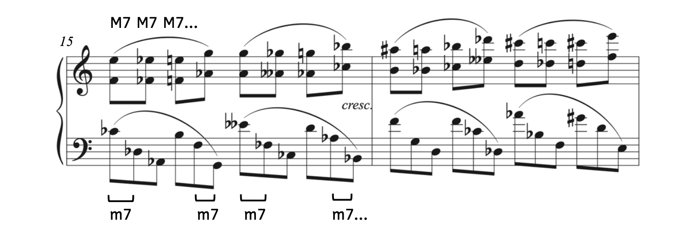 The treble clef of Scriabin's Etude Op. 65 No. 2 is made of harmonic major sevenths. The bass clef is made of melodic minor sevenths.