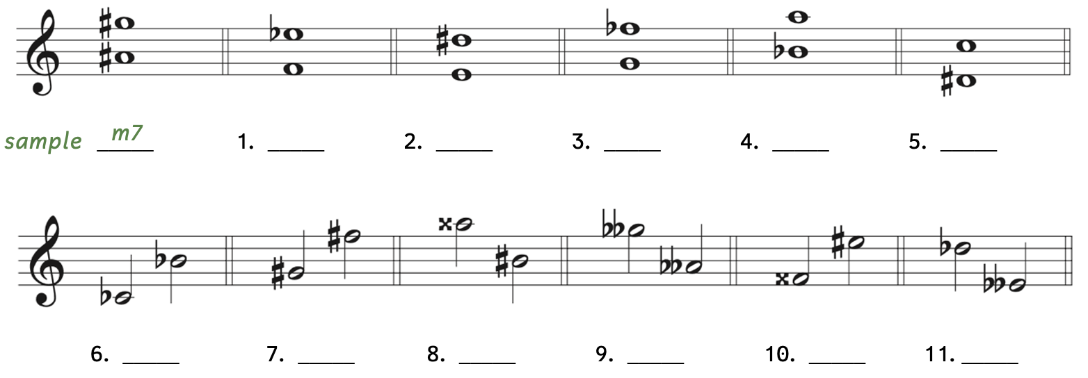 Number 1, F to E-flat. Number 2, E to D-sharp. Number 3, G to F-flat. Number 4, B-flat to A. Number 5, D-sharp to C. Number 6, C-flat to B-flat. Number 7, G-sharp to F-sharp. Number 8, B-sharp to A-double sharp. Number 9, A-double flat to G-double flat. Number 10, F-double sharp to E-sharp. Number 11, E-double flat to D-flat.