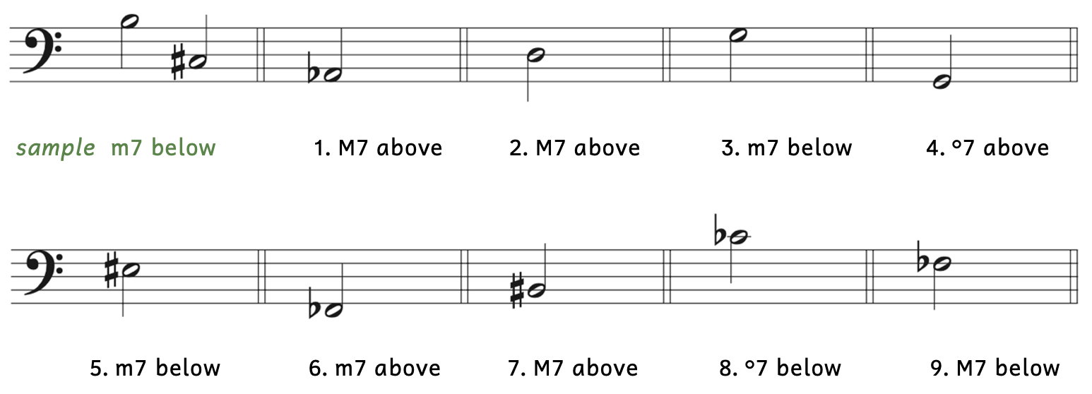 Number 1, a major seventh above A-flat. Number 2, a major seventh above D. Number 3, minor seventh below G. Number 4, diminished seventh above G. Number 5, minor seventh below E-sharp. Number 6, minor seventh above F-flat. Number 7, major seventh above B-sharp. Number 8, diminished seventh below C-flat. Number 9, major seventh below F-flat.