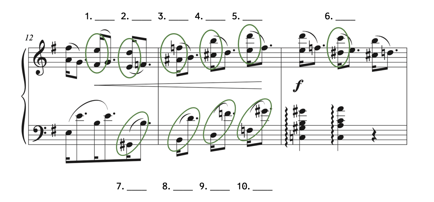 Number 1, F-sharp to E. Number 2, E to D. Number 3, A-sharp to F. Number 4, C-sharp to B. Number 5, E to D. Number 6, D-sharp to C. Number 7, G-sharp to B. Number 8, B to D. Number 9, D to F. Number 10, F to G-sharp.