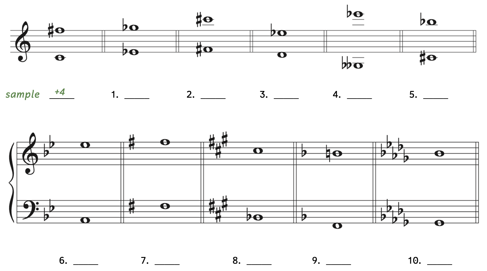 Number 1, E-flat to G-flat. Number 2, F-sharp to C-sharp. Number 3, D to E-flat. Number 4, G-double flat to E-flat. Number 5, C-sharp to B-flat. Number 6, A to E-flat. Number 7, F-sharp up to F-sharp. Number 8, B-flat to C-sharp. Number 9, F to B. Number 10, G-flat to B-flat.