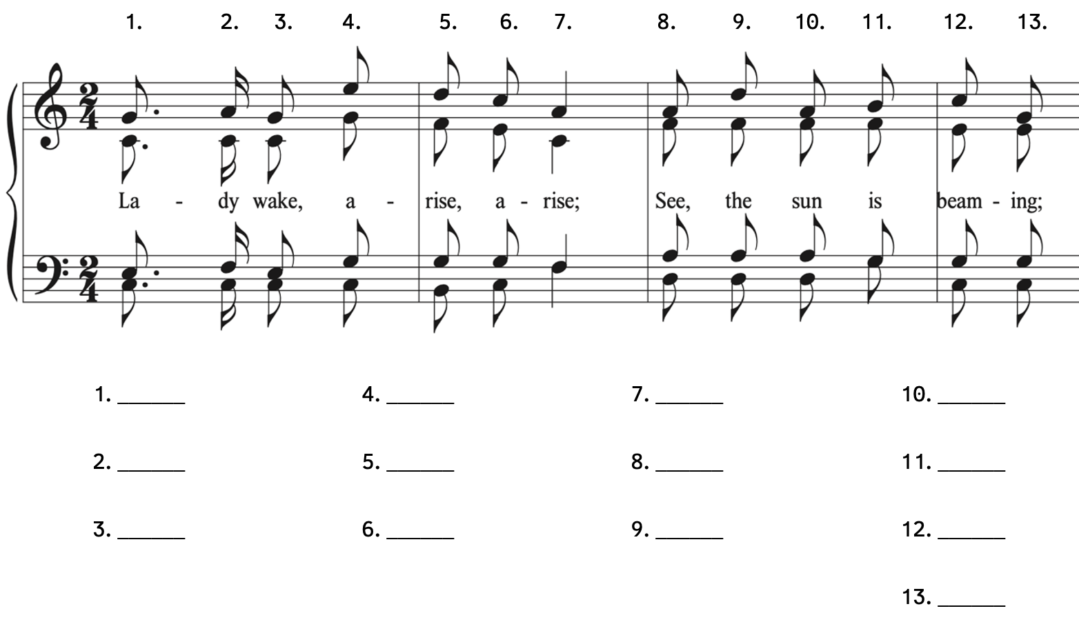 Number 1, C to G. Number 2, C to A. Number 3, C to G. Number 4, C to E. Number 5, B to D. Number 6, C up to C. Number 7, F to A. Number 8, D to A. Number 9, D up to D. Number 10, D to A. Number 11, G to B. Number 12, C up to C. Number 13, C to G.