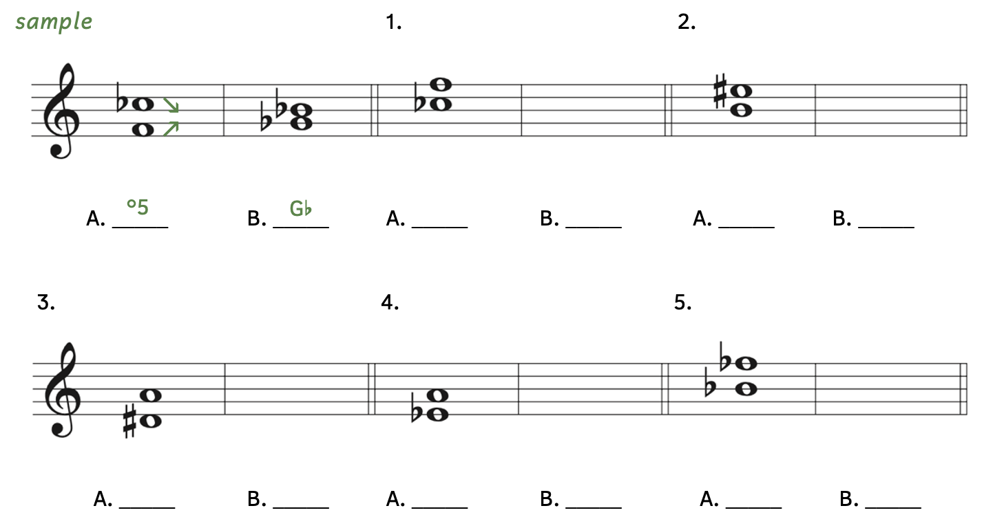 Number 1, tritone is from C-flat up to F. Number 2, tritone is from B up to E-sharp. Number 3, tritone is from D-sharp up to A. Number 4, tritone is from E-flat up to A. Number 5, tritone is from B-flat up to F-flat.