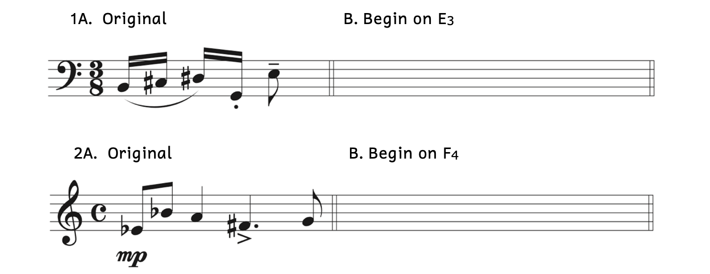 The original melody for 1A is B up to C-sharp up to D-sharp down to G then up to E. The new melody for 1B begins on E3. The original melody for 2A begins on E-flat4 then ascends to B-flat then descends to A then descends to F-sharp then ascends to G. The new melody for 2B begins on F4.