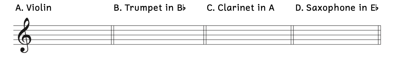 Example A shows the key signature for the violin. Example B asks to find the key signature for the trumpet in B-flat. Example C asks to find the key signature for the clarinet in A. Example D asks to find the key signature for the clarinet in E-flat.