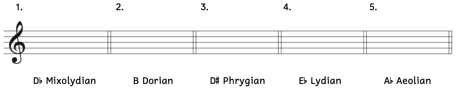 Number 1, D-flat Mixolydian Number 2, B Dorian Number 3, D-sharp Phrygian Number 4, E-flat Lydian Number 5, A-flat Aeolian